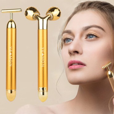 Yeamon 2 in 1 Face Massager Golden Facial Electric 3D Roller and T Shape Arm Eye Nose Massager Skin Care Tool