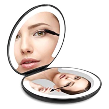 LED Lighted Travel Makeup Mirror Foldable, Dual Sided Vanity Mirror with Lights Portable Compact Illuminated Folding Tabletop Cosmetic Mirror, 1x/5x Magnifying Handheld Pocket Mirrors