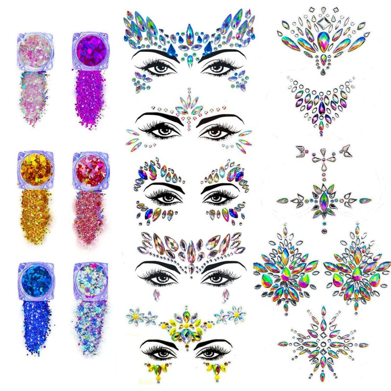 Face Body Gems Jewels Stickers,Body Jewels Stickers Stick on 10 Sets with 6 Boxes Chunky Glitter for Women Makeup Festival