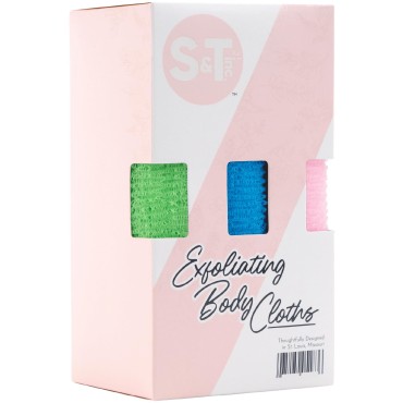 S&T INC. Exfoliating Body Scrubber, Back Scrubber for Shower and Exfoliating Cloth, 11.8 Inch x 35.4 Inch, Assorted, 3 Pack