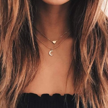 DoubleNine Double Layered Tiny Heart Moon Pendant Gold Dainty Necklaces Everyday Simple Jewelry for Women Girls