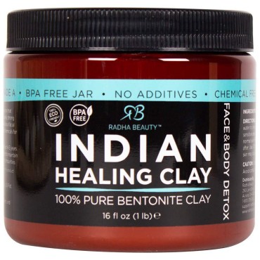 Radha Beauty Indian Healing Clay, 1 lb. - 100% Natural Bentonite Clay, Deep Pore Cleanser Facial & Body Mask