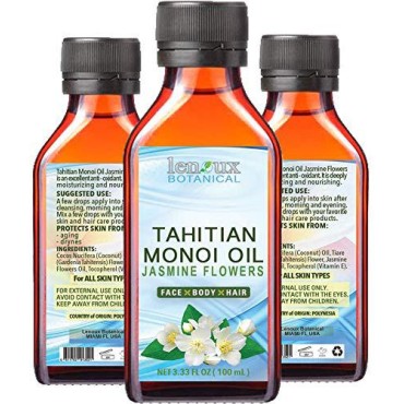 Lenoux Botanical MONOI OIL JASMINE. Monoi Coconut Oil with Jasmine Oil for Hair, Face, Body, Lip, Nail Care. 3.33 Fl.oz.- 100 ml