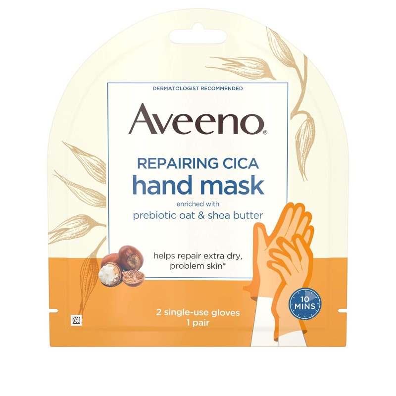 Aveeno Repairing CICA Hand Mask with Prebiotic Oat and Shea Butter for Extra Dry Skin, Paraben-Free and Fragrance-Free 1 Pair (Pack of 3)