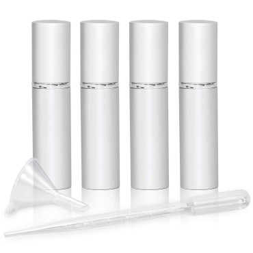 L'AUTRE PEAU Refillable Perfume & Cologne Fine Mist Atomizers with Metallic Exterior & Glass Interior - Portable Travel Size - 3ml Squeeze Transfer Pipette Included - 4 Pc Pack of 5ml (Silver)