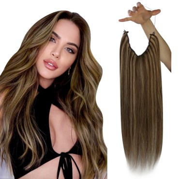 Sunny Wire Hair Extensions Highlight Couture Wire Human Hair Extensions Dark Brown Mix Caramel Blonde Highlights Invisible Wire Human Hair Extensions Brown Highlights Human Hair Extensions 80g 12inch