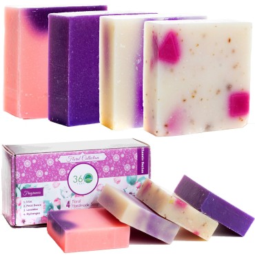 360Feel Floral 4 large Soap bar - Flower scents Lavender, Lilac, Hydrangea - Anniversary Wedding Gift Set - Handmade Natural Organic with Essential Oil, Pink, 5 Ounce (Pack of 4)