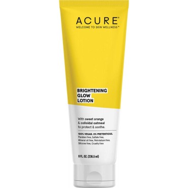 Acure Brightening Glow Lotion - Made with Sweet Orange & Colloidal Oatmeal for Bright, Refresh and Glowing Skin - Lightweight & Instant Absorb, Non-sticky - For All Skin Types, Citrus Scent - 8 Fl Oz