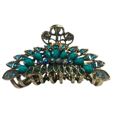 Large Retro Chic Metal Grip Imitation Turquoise Jewel Beads Hair Clips for Thick Hair Hair Claw Jaw Comb Pins Flowers Hair Catch Barrette with Teeth Hair Updo Grip Hair Accessories Women (Turquoise)
