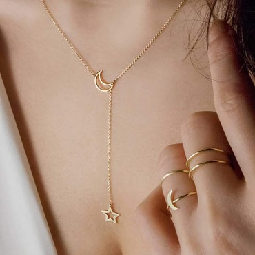 DoubleNine Lariat Necklaces Star Moon Charm Gold Y...