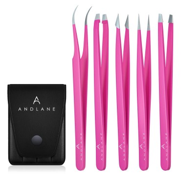 Andlane Tweezers Set - Professional Stainless Steel 5-Piece Precision Tweezer for Men & Women - Great for Facial Hair Removal, Eyebrow Shaping, Splinters & Ingrown (Pink)