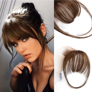 AISI QUEENS Clip in Bangs 100% Human Hair Extensions Medium Brown on Fringe with nice net Natural Flat neat Temples for women One Piece Hairpiece (Wispy Bangs, Brown)