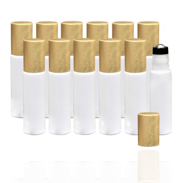 10ml White Essential Oil Roller Bottles - Empty Roll On Glass Leakproof Stainless Steel Roller Balls with Gold Lid for Oils, Aromatherapy, Perfume, DIY and Blends - 12 Pack