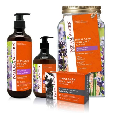 Natural Solution Bath & Body Gift Set with Relaxing Lavender Oil, Includes Body Wash, Hand Soap, Charcoal Soap Bar and Bath Salt, Perfect Gifts Set for Birthday & Christmas