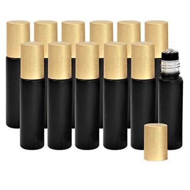 10ml Black Essential Oil Roller Bottles - Empty Roll On Glass Leakproof Stainless Steel Roller Balls with Gold Lid for Oils, Aromatherapy, Perfume, DIY and Blends - 12 Pack