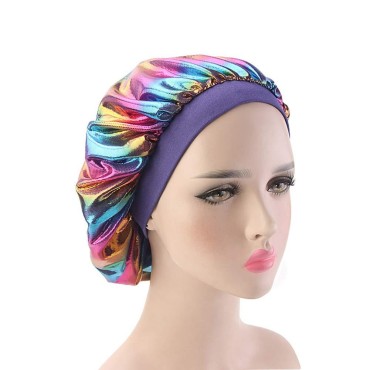 mossty Women Nightcap Elastic Band Sleeping Hat Baggy Bonnet Curly Natural Hair Headwear Hair Loss Cap Purple