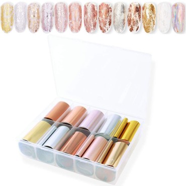 SILPECWEE 10 Rolls Gold Nail Foil Rose Gold Flakes Metallic Nail Transfer Foil Nail Art Stickers Nail Design Stickers Foils for Nails Nail Art Accessories (1.57inches×39.4inches)