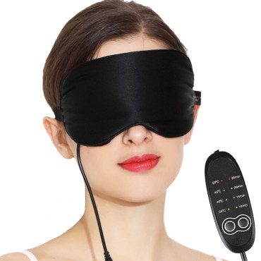 Silk Heated Eye Mask for Dry Eyes with Reusable Gel Pad, Cold Warm Compress Therapy for Relief Eye Puffiness, Styes, Tired Eyes, Sleeping - USB Steam Blindfold with Time & Temperature Control (Black)
