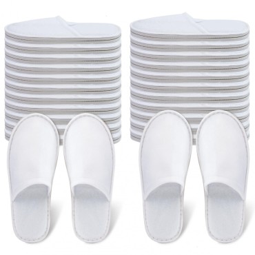 AQUEENLY Spa Slippers, 24 Pairs Velvet Closed Toe Disposable Slippers Fit Size for Men and Women for Hotel Home Guest Used, White Non-Slip Slippers