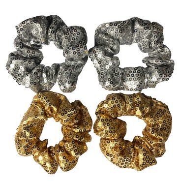 4 Pack Gold and Silver Metallic Sequin Elastic Hair Scrunchies Mermaid Bobbles Hair Ties Hair Rope Wrist Scrunchy Hair Bands for Show Party School Women Girls