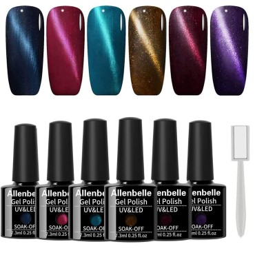 Allenbelle Cat Eye Gel Nail Polish Magnetic Gel Nail Polish Soak Off UV LED Nail Art Varnish Manicure Gift Set (With Magnetic As Gift,7.3Ml) (001)