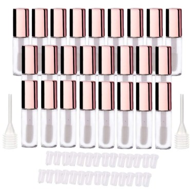 LTKJ 25 Pack 1.2 mL Pretty Empty Lip Gloss Tubes Containers, Clear Mini Refillable Lip Balm Bottles with Rubber Inserts and 3pcs Transfer Pipettes for Lip Samples Travel DIY Makeup (Rose Gold)