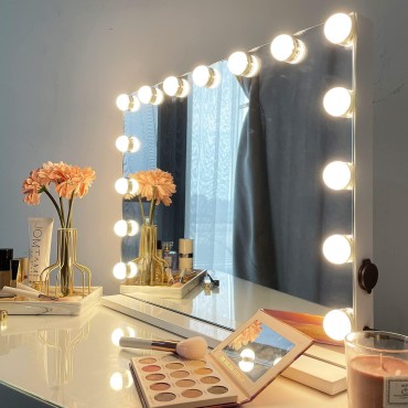 iCREAT Hollywood Makeup Mirror with Lights,Vanity Mirror with Lights,Lighted Mirror with 15 Dimmable Bulbs,Tabletop or Wall Mouted Mirror with USB Charging Port &3 Color Modes&10X Magnifier