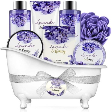 Bath and Body Gift Set - Lavender Gift Baskets for Women, Body & Earth Bubble Bath Set 8 Pcs Lavender Honey Scent with Shower Gel, Lotion Set, Soap, Birthday Gifts for Dad Mom, Christmas Gifts for Her