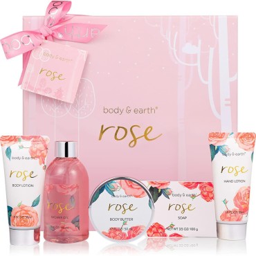 Spa Gift Set for Women - Rose Bath Sets, Body & Earth 5 Pcs Birthday Gifts for Women, Self Care Kit, Gift Box for Women, Lotion Sets for Women, Christmas Gifts