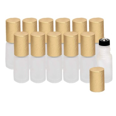 5ml Frosted Clear Essential Oil Roller Bottles - Empty Roll On Leakproof Stainless Steel Roller Balls with Gold Lid for Oils, Aromatherapy, Perfume, DIY and Blends - 12 Pack