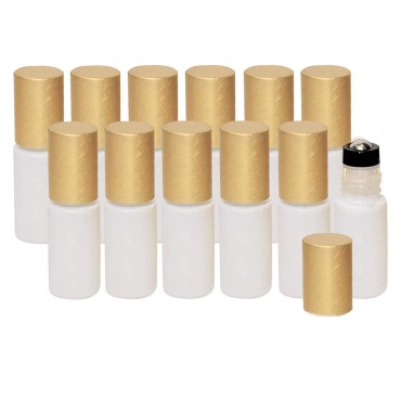 5ml White Essential Oil Roller Bottles - Empty Roll On Glass Leakproof Stainless Steel Roller Balls with Gold Lid for Oils, Aromatherapy, Perfume, DIY and Blends - 12 Pack