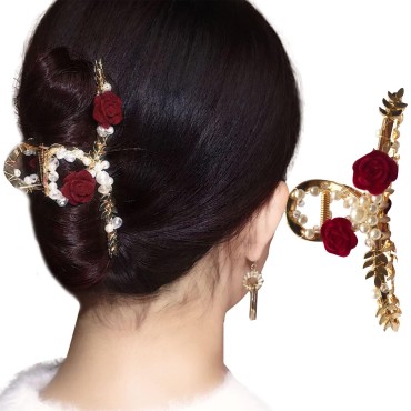 Pearl Rose Flower Hair Claw Strong Spring Tension Hair Jaw Comb Pins Hair Catch Barrette with Teeth Hair Updo Grip Thick Hair Clips Hair Accessories Women (Red)