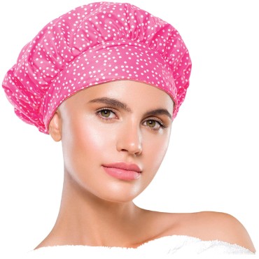 TIARA Sustainable Reusable Waterproof Shower Cap - Bathing Hair Cover for Protection with Reversible Design - For Straight & Curly Hair - Dots Pink