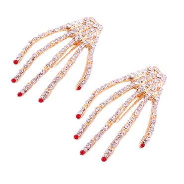 2Pcs Alloy Rhinestone Skeleton Claws Skull Hand Hair Clip Hairpin Zombie Punk Horror Bobby Claw Barrette Fashion Hair Accessories For Women Cosplay