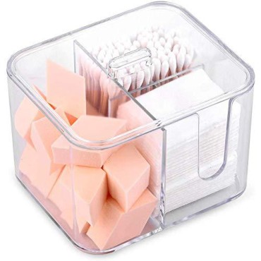 SUNFICON Cotton Swab Balls Box Cotton Pads Holder Organizer Holder Dispenser Storage Canister Cosmetic Pads Container Flossers Case 4-Grid Bathroom Countertop Vanity,Acrylic Crystal Clear