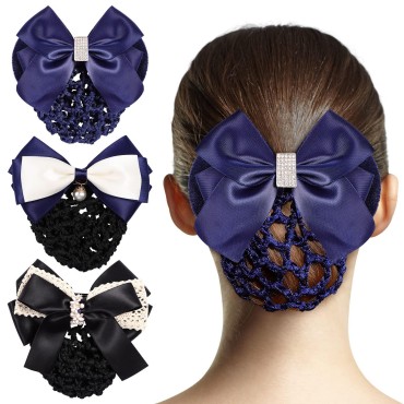 Lurrose 3pcs Elastic Bowknot Decor Snood Net Barrette Hair Clip Bun Cover Hairpin for Lady Women