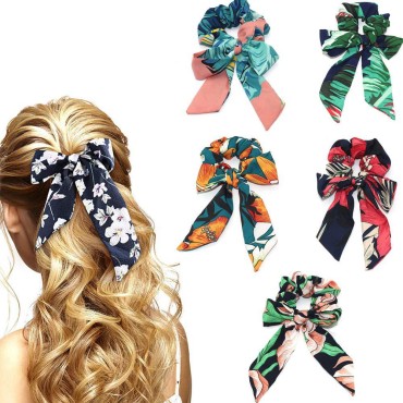 Tropical Travel Style Scrunchy Hair Rope Ties,Ribbon Bow Scrunchies Elastics Hair Bands,Soft Scarf Hair Ties Bowknot Ponytail Holder for Women Girls (Printed Scrunchies -5PCS-A)