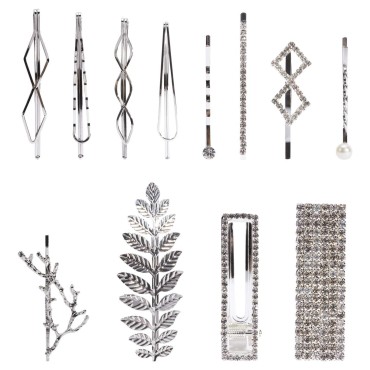 12 Pack Silver Vintage Retro Geometric Metal Pearl Crystal Rhinestone Branch Leaf Hair Clips Snap Barrettes Claw Clamps U Shaped Decorative Bobby Pin Alligator Hairclips Wedding Party Bridal Accessory