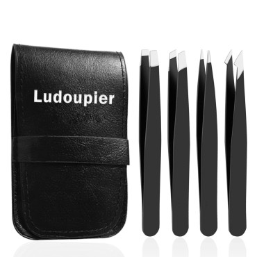 LUDOUPIER [4+1 Pieces] Tweezers Set with Travel Ca...