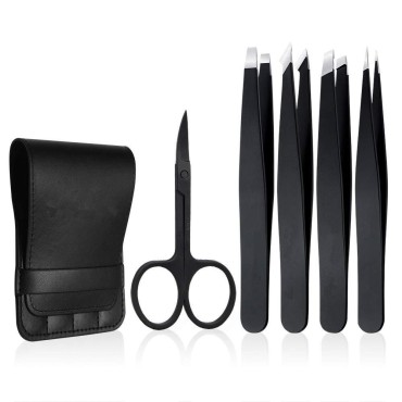 Tweezers Set 5-Piece - Professional Stainless Steel Tweezers with Curved Scissors, Best Precision Tweezer for Eyebrows, Splinter & Ingrown Hair Removal with Leather Travel Case (Black)
