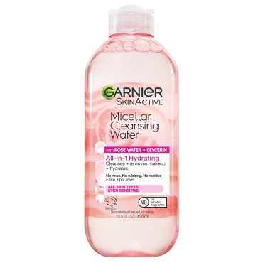 Garnier SkinActive Micellar Water with Rose Water and Glycerin, Facial Cleanser & Makeup Remover, All-in-1 Hydrating, 13.5 Fl Oz (400mL), 1 Count (Packaging May Vary)