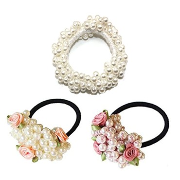 3PCS Fashion Imitation Pearl Elastic Hair Ties Beaded Flower Pearl Hair Band Women Satin Ribbon Ponytail Hair Accessories