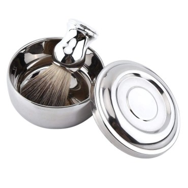 Rotekt Men's Beard Shaving Set, Alloy Shaving Soap Mug Bowl With Lid + Silver Handle Faux Badger Hair Brush Men Shave Tool Kit, Mens Shaving Kit