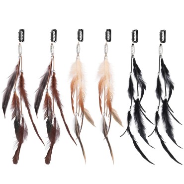 RONRONS 6 Pack Handmade Boho Hippie Hair Extensions with Feather Clip Comb Headdress DIY Accessories for Women (Brown, Black, Khaki)