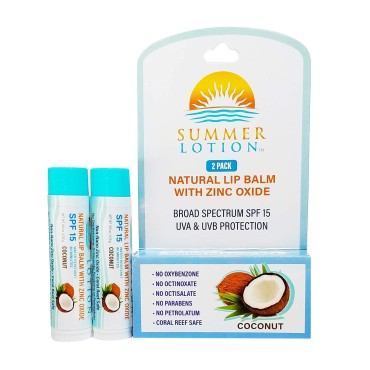 Natural Lip Balm with Zinc Oxide Sunblock by Summer Lotion, SPF 15 Lip Sunscreen 2-Pack, Water Resistant Chapstick, SPF Lip Protection for Everyone, (Coconut)