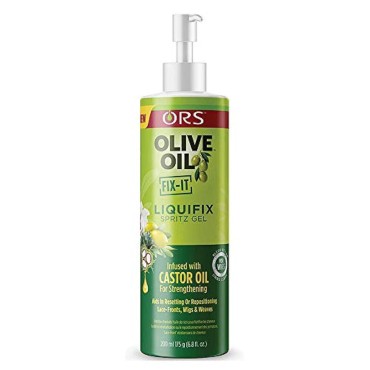 ORS Olive Oil FIX-IT Liquifix Spritz Gel Infused with Castor Oil For Strengthening & Hairline Maintenance Strong Hold (6.8 oz)