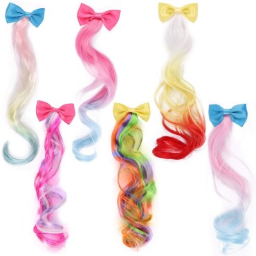 6 Pcs Colored Kids Hair Extensions with Cute Clips Bows for Little Girls Toddler Party Birthday Hair Accessories