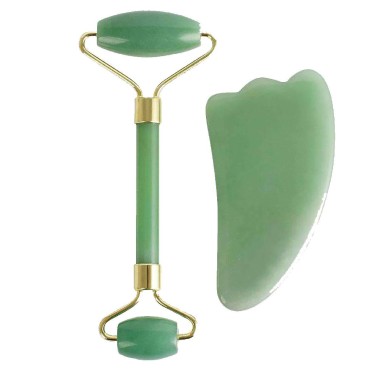 IDB Jade Roller and Gua Sha Skin Detox Set for Beautiful Skin - Advanced Facial Body Eyes Neck Massager Tool To Help Reduce Wrinkles and Aging - Original Natural Jade Stone with Bag