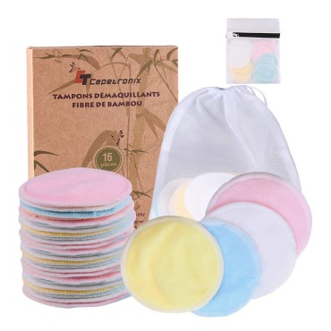 Reusable Makeup Remover Pads (16 Pack) with 2 Bags for Laundry & Storage, Reusable Bamboo Cotton Rounds, Eco-Friendly Reusable Cotton Pads for All Skin Types
