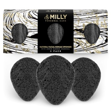 Facial Konjac Sponge - All Natural and Reusable - 3 Pack - with Activated Bamboo Charcoal - Gentle Exfoliating and Cleaning for All Skin Types - Biodegradable - Black